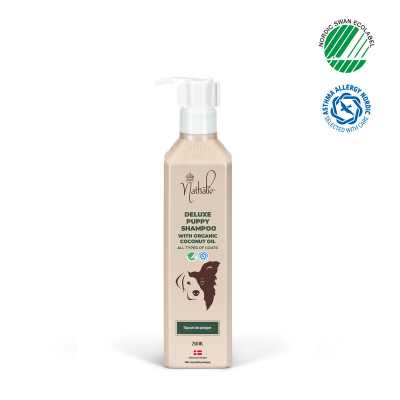 Beige plastflaske med doseringspumpe - Nathalie Deluxe Puppy Shampoo 250ml